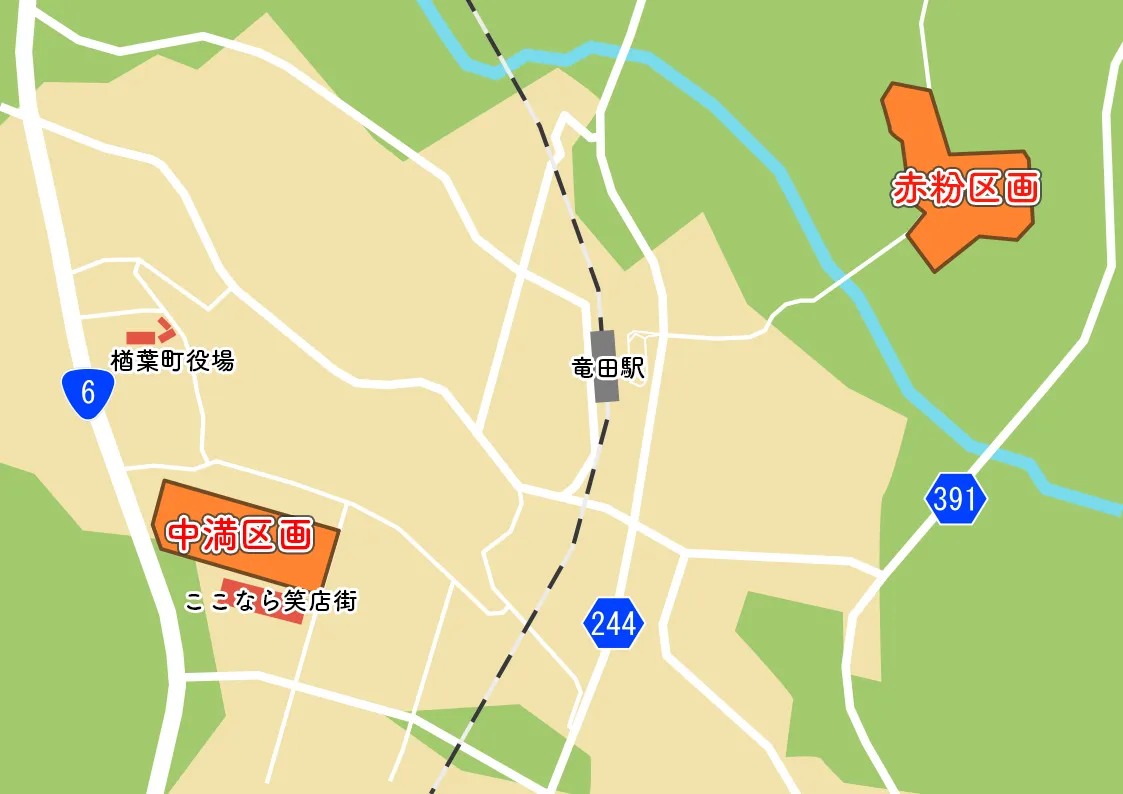 中満地区と赤粉地区の位置を示す楢葉町内地図